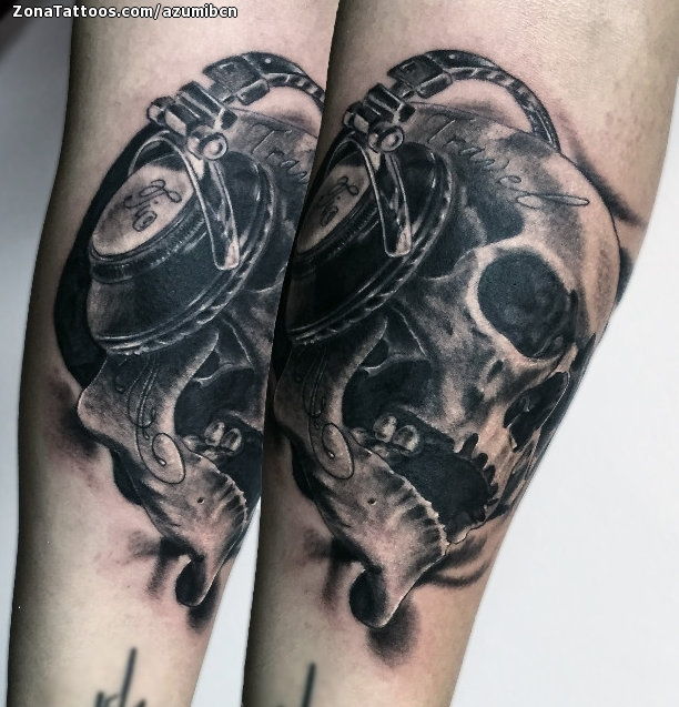 girl skull wearing headphones tattoo